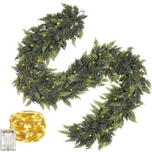Cedar Real Touch Garland with Lights, 6Ft Pre-Lit Garlands Christmas Decorations, Thickness Realistic Greenery Artificial Pine Garland, Thickness Faux Cedar Garlands for Mantle Xmas Decor