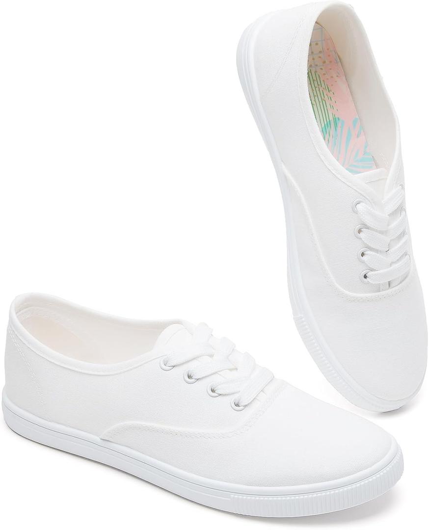 Womens Classic White Sneakers,Low Top White Canvas Shoes,Lightweight Casual Canvas Sneakers (12)