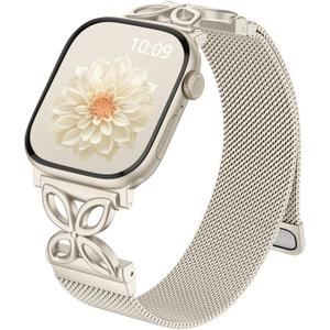 Getino Mesh Loop Compatible with Apple Watch Bands for Women 40mm 41mm 42mm 44mm 45mm 46mm 49mm 38mm Series 10 9 8 7 6 5 4 3 2 1 SE, Metal Stainless Steel Magnetic Strap for iWatch Bands, Starlight