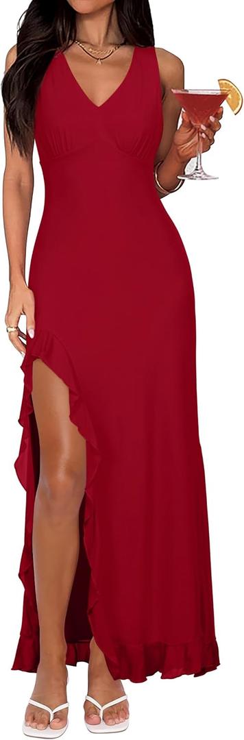 Lingswallow Womens Sexy V Neck Sleeveless Mesh Ruffle Hem Long Dress Bodycon Midi Elegant High Slit Cocktail Party Wedding (Red, M)
