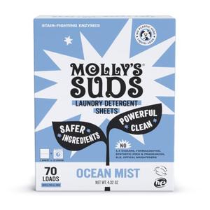 Molly’s Suds Laundry Detergent Sheets | Gentle on Sensitive Skin, Powerful Bio-Based Enzymes, Stain-Fighting | Liquidless & Plastic-Free Packaging | 70 Loads (Ocean Mist)