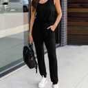 KIRUNDO Women 2026 Summer Jumpsuits Casual Sleeveless Drawstring Elastic Waist Romper Vacation Cruise Airport Travel Outfits (Black, L)