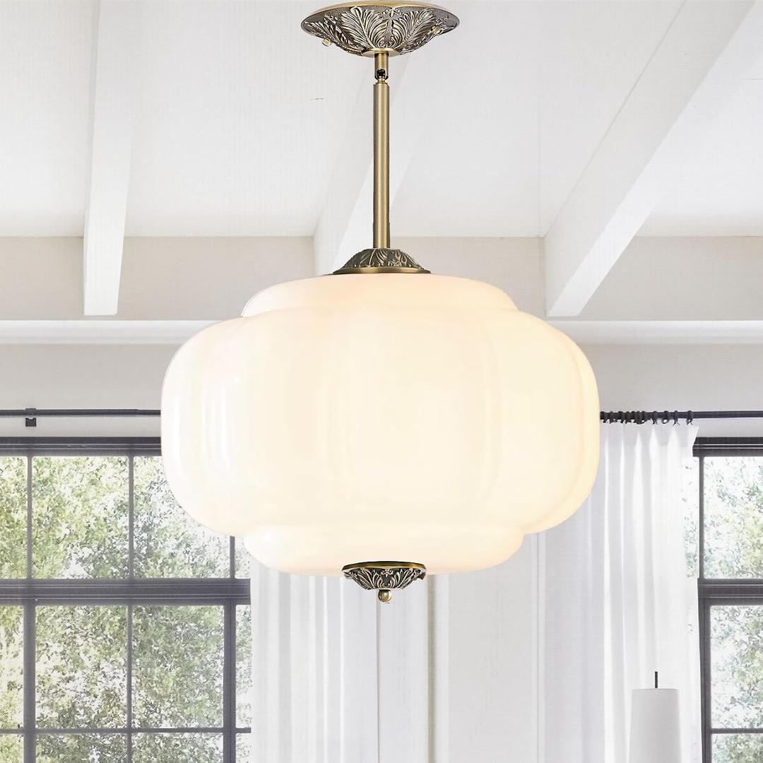 Antique Milk Glass Ceiling Light Fixture - 15 Inch Vintage Milk Glass Pendant Light for Kitchen, Hallway, Bedroom, Dining Room