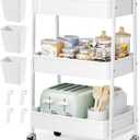 3 Tier Rolling Cart Metal with Wheels, Heavy Duty White Three Tiered Craft Cart Organizer on Wheels, Utility Roller Storage Carts for Art, Baby Nursery, Diaper Caddy, Snack,Book,Nail,Cleaning Supplies