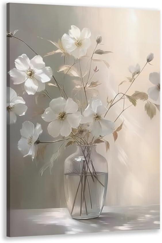 WLCXDZVR Bathroom Wall Decor Flower Pictures Wall Art White Floral Canvas Painting on Vase for Modern Minimalist Bathroom Home Decor 20x30in Framed, style-3
