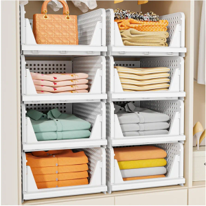 SNSLXH 5 Pack Stackable Closet Storage Basket, Multifunctional & Foldable Closet Organizer for Bathroom Kitchen Laundry Room Wardrobe Storage, Space-Saving Clothes Storage Drawer Organizer, White