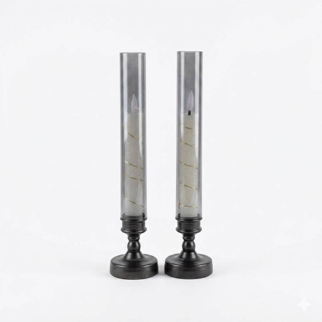 LED Taper Candles with Remote Timer, Battery Operated Black Flickering LED Candles with String Light and Base for Christmas Decorations Home Decor(2 Pack)