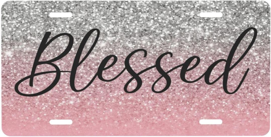 Christian Religious Blessed Pink Glitter Bling Blessed Front License Plate Cover Car Decor Accessory Aluminum Metal Rust-Proof Car Plate Novelty Vanity Tag Cover with 4 Holes Men Women 6 X 12 Inch