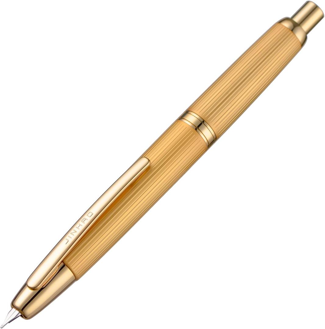 Jinhao 10 Press Fountain Pen with Box, Brushed Matt Gold Retractable Fine Nib with Converter Set (Golden Clip)