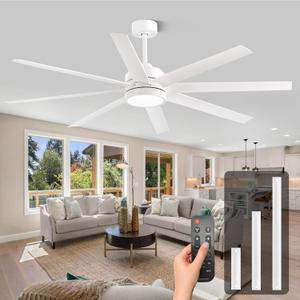 Modern Ceiling Fans with Lights, 65 Inch Ceiling Fan with Light and Remote for Bedroom Living Room Kitchen Office, Indoor/Outdoor Use, 24W 3CCT 8 Blades 6 Speed Reversible Quiet DC Motor, White