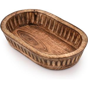 Kaizen Casa Decorative Bowl Mango Wood for Home Decor, Unique Centerpiece Bowl, with Hand Carved Vertical Stripes for Home Decor, Bathroom, Kitchen Counter, & More (10" x 6" x 2")