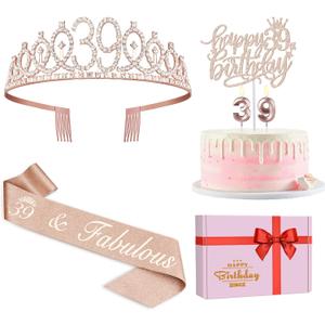 Juesly 39th Birthday Decorations, Rose Gold Sash, Crown, Candles & Cake Topper, Set of 6 for Women