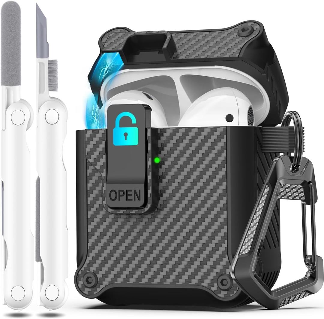 2 x R-fun AirPods 2 Case 2019 with Lock & Cleaning Kit, Keychain, Magnetic Lid, Carbon Fiber Protective Case, Compatible with AirPods 2nd/ 1st Generation, Support Wireless Charging, Black