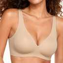 Seamless V-Neck Bra for Women - Jelly Strip Support Wire Free Everyday Bralette (Large, Beige)