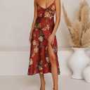 Fashionme Women Spaghetti Strap Midi Satin Dresses Tie Front Backless Split Hollow Dress (X-Large, Maroon)