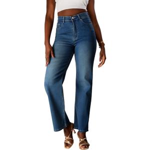 Flattering High-Waist Jeans for Women Stretchy Premium Denim, Slimming Straight & Wide-Leg Fit, Petite to Plus Sizes (Blue, L)