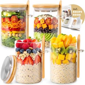Overnight Oats Containers with Lids, Labels & Spoons (4 x 16oz) Glass Jars for Oatmeal, Meal Prep, Food Storage | Leak-Proof Mason Jars for Oats, Cereal, Yogurt, Chia Pudding [Thicker Glass 3mm]