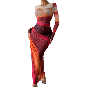 MARZXIN Womens Long Sleeve Maxi Dress Bodycon Ruched Natural Slim Fit Tie Dye Dress Cocktail Dresses Mesh Dress, Medium