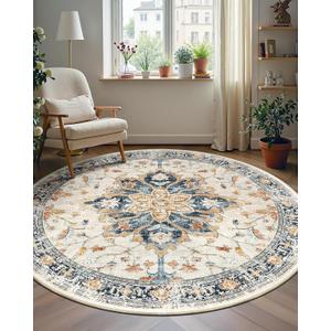 Area Rugs 6ft Washable Non-Slip, Floral Vintage Distress Print Pattern Medallion Carpet for Living Room Bedroom Dining Room, Beige Navy Blue Orange Colorful
