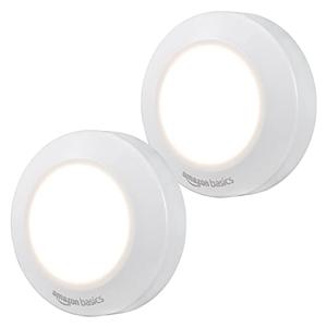 Amazon Basics LED Puck Lights, Battery Operated, 50 Lumens, Under Cabinet Lighting, Easy to Install, Easy to Use, Adhesive Backing, 2-Pack, White