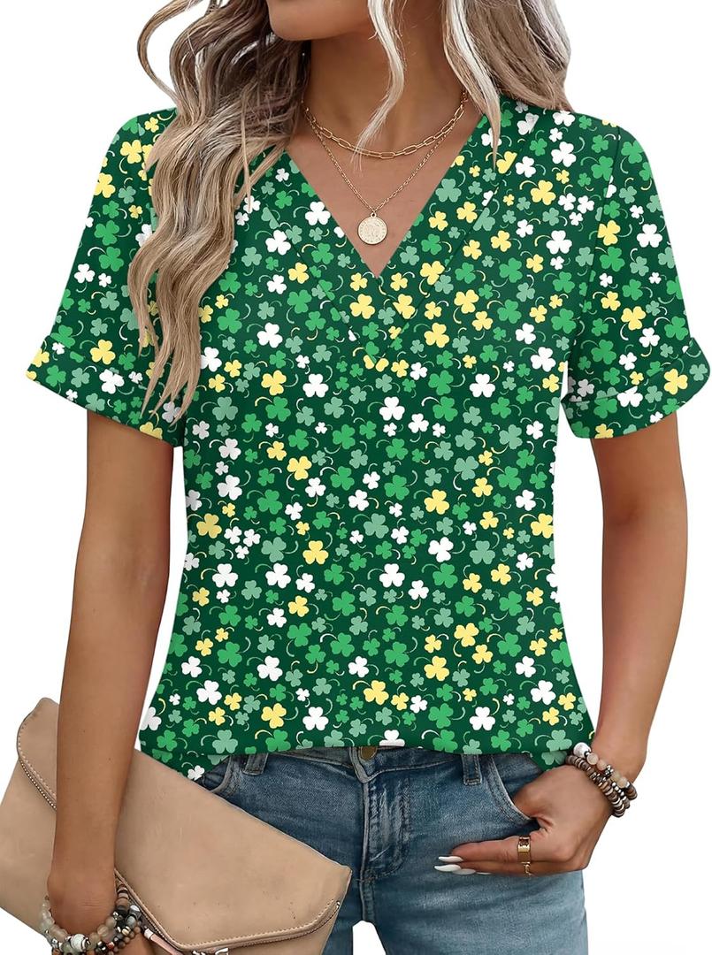 Rapbin T Shirts for Women Short Sleeve V Neck Tshirts Loose Fit Lightweight Soft Casual Summer Spring Tee Tops (Medium, Green White Flower)