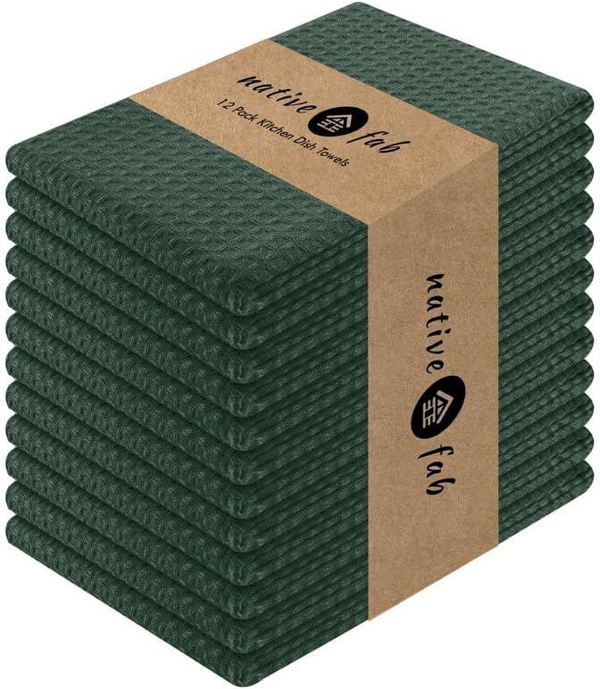 Native Fab Waffle Weave Dish Towels 12 Pack, 100% Cotton Kitchen Dishcloths with Hanging Loop, 16x26 Inches, Super Absorbent, Washable, Quick Dry for Kitchen Cleaning, Drying Dishes, Forest Green (Set of 12)
