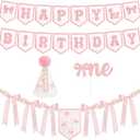 THAWAY 1st Birthday Decorations Girl - Pink First Birthday Decorations for Girl with One High chair banner, Felt Banner, Hat and Glitter Cake Topper for Baby Girl Birthday Photoshoot Props