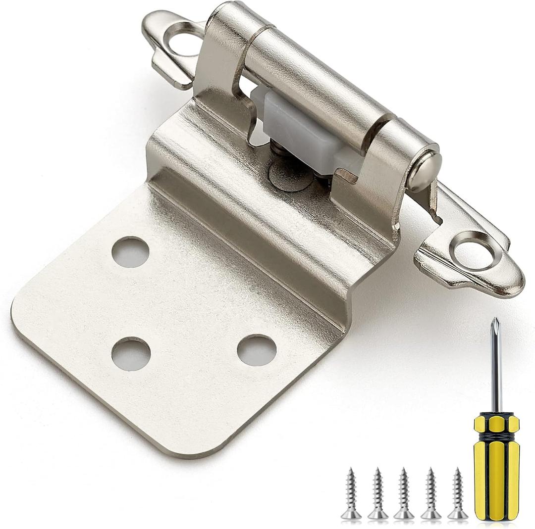 Ravinte 20 Pack 10 Pairs 3/8 Inch Inset Cabinet Door Hinges Kitchen Satin Nickel Semi-Concealed Face Mount Self-Closing Cabinet Hinges with Bumpers & Screwdriver