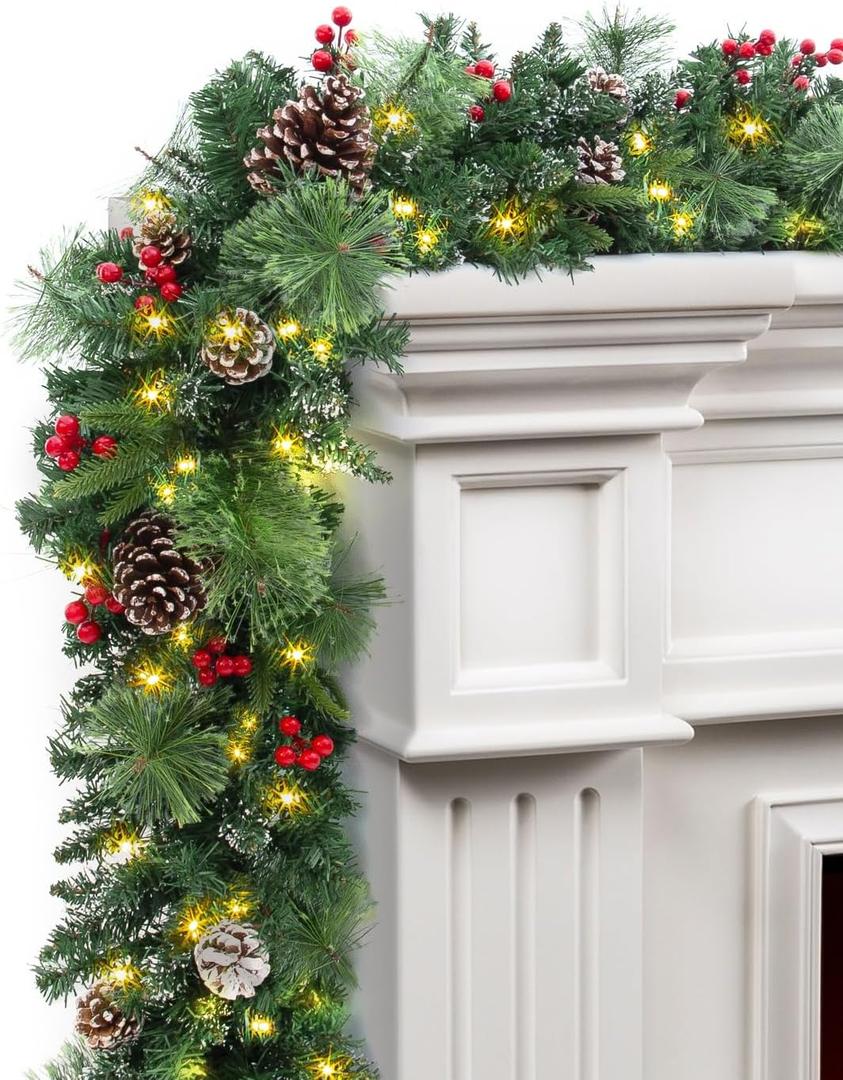 TigeJoy 9FT Prelit Christmas Garland with 100 LED Timer Lights, Snow Dusted Garland with Red Berries, Real Pinecones & PE Branches, 8 Modes 3AA Battery Operated Xmas Decor for Fireplace Doorway Porch