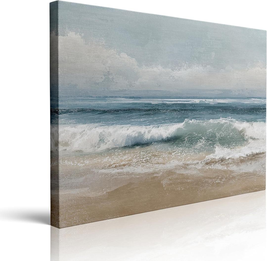 Calming Beach Seascape Canvas Wall Art Framed Serene Painting Ocean Waves Blue Teal Green Layers Sandy Shore Soft Horizon Coastal Wall Decor Artwork Print Poster 16x24 Inches
