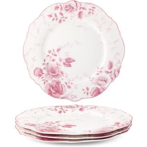 fanquare Pink Floral Dinner Plate Sets of 4, 10.5 Inch Large Round Porcelain Pasta Appetizer Steak Serving Dishes for Microwave & Dishwasher Safe