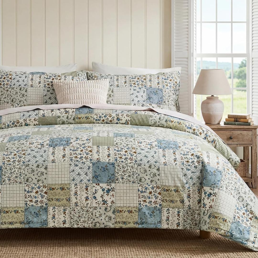 Blue Floral Duvet Cover Set King Size 100% Cotton Botanical Patchwork Vintage Bedding Quilt Cover All Season 3 Pieces Soft Lightweight Comforter Cover