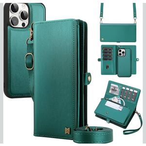 for Wallet Case Compatible with iPhone 14 Pro Max,Multi-Function Detachable 2 in 1 Magnetic iPhone 14 Pro Max Case Wallet,Flip Strap Zipper Card Holder Phone Case with Shoulder Straps (Green)