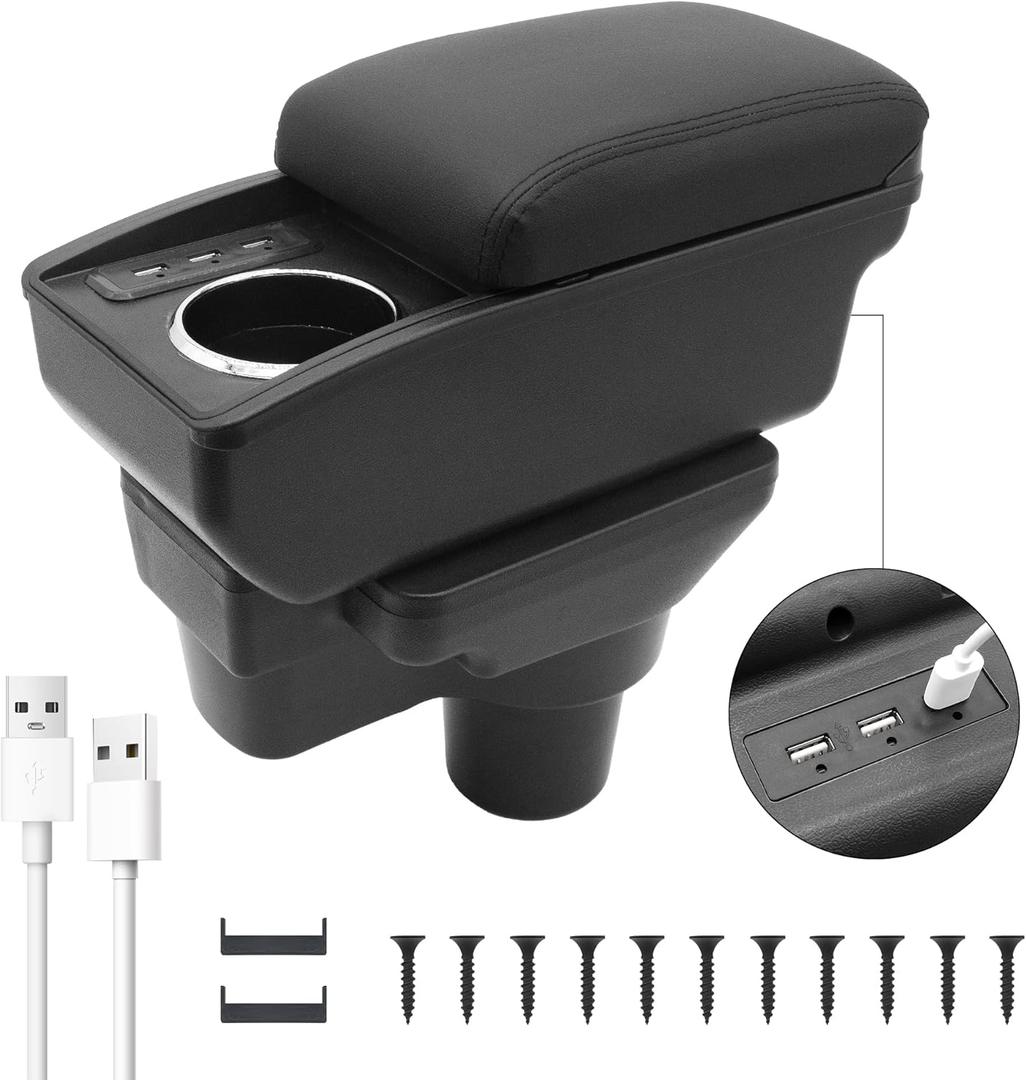 YJYWZH Car Armrest Storage Box for Hyundai Accent Solaris Verna 2017-2020 Double-Layer Car Center Console Armrest Box with 6 USB Ports and Cup Holder for Car Accessories(Black Thread)