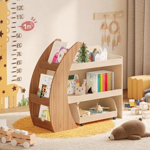 Kids Montessori Bookshelf with Toy Storage, Toddler Bookcase | Wooden Book Organizer with Front-Facing Display, Open Shelves and A Rolling Drawer for Books and Toys