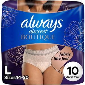 Always Discreet Boutique Incontinence and Postpartum Underwear for Women, Maximum Protection, Large, Rosy, 10 Count