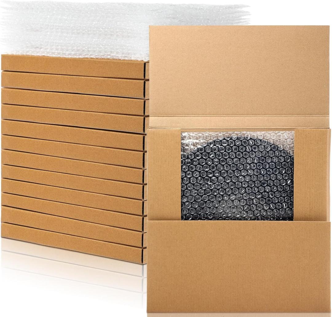 Janlaugh 10 Sets Vinyl Record Mailers 12.6 x 12.6 x 1" Shipping Boxes Easy Fold Album Corrugated Cardboard Box with Fragile Stickers and Bubble Bags for Packing Shipping Moving Storage(Kraft Color)