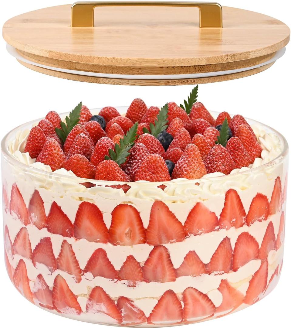 9 inch Large Salad and Trifle Bowl Glass with Lid, 155 oz Versatile Mixing and Serving Dish for Fruit, Laying Ice Cream, Cake, Cupcake, Baking, and Dessert, Microwave Safe (Clear - SEALED LID)