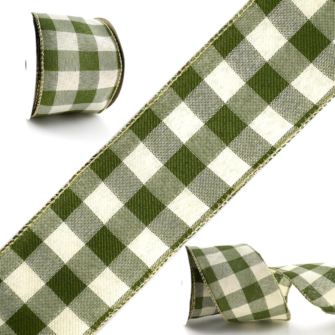 Light Green and White Buffalo Plaid Wired Ribbon - 2.5 Inch Wide, 2 Rolls of 10 Yards (20 Yards Total) - Perfect for Bows, Wreaths, and Spring Decorations
