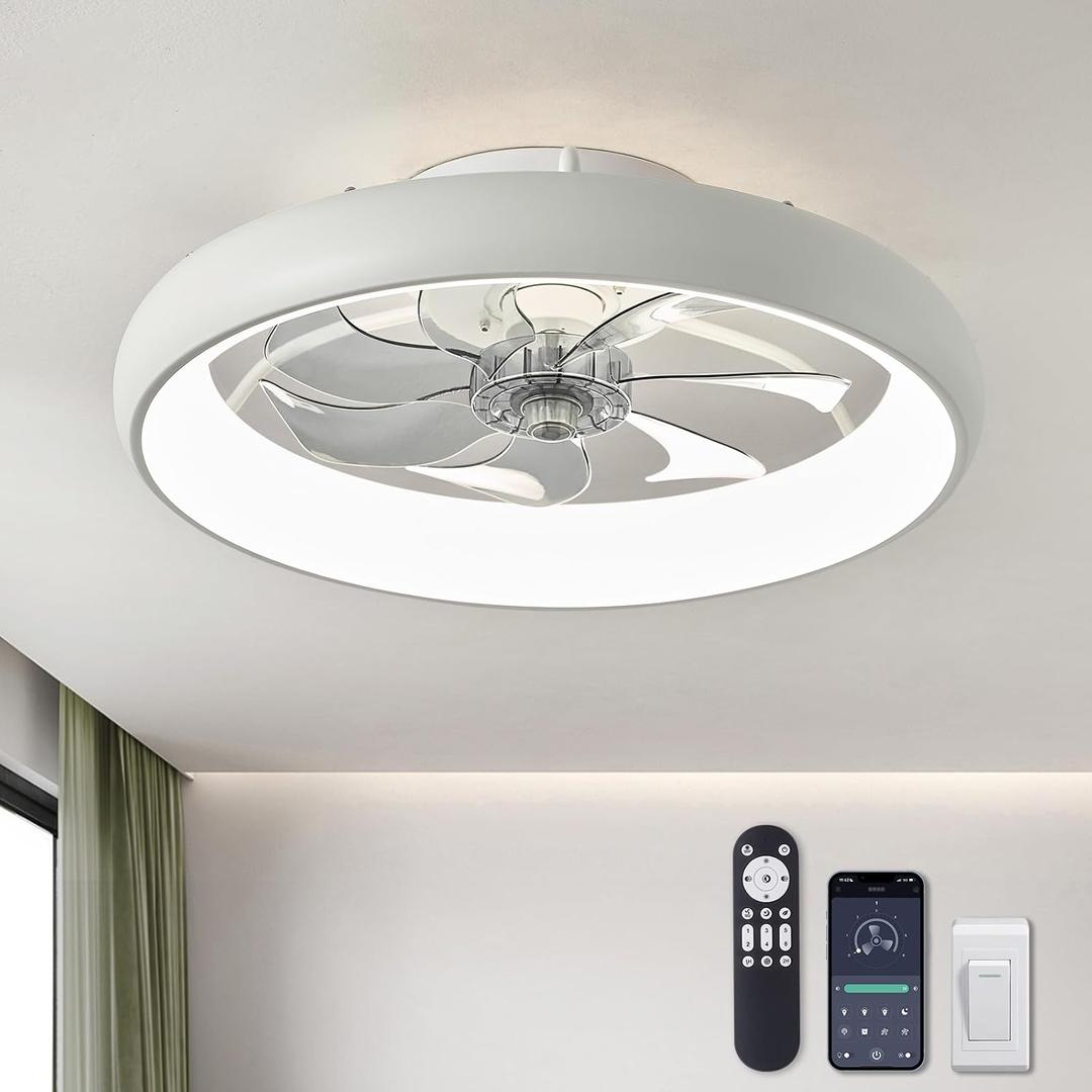 LUDOMIDE Ceiling Fans with Lights and Remote, 20'' Low Profile Flush Mount, 6 Wind Speeds, Modern Dimmable LED Ceiling Fan, Smart Ceiling Fan for Bedroom, Kids Room (White) 