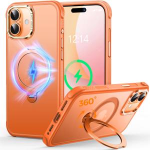 O3 Mag-Stand Designed for iPhone 17 Case with 360° Spin Stand, [Compatible with mag Safe][Super Skin Feeling] Translucent Matte Magnetic Slim Phone Case 6.3 inch, Matte Orange