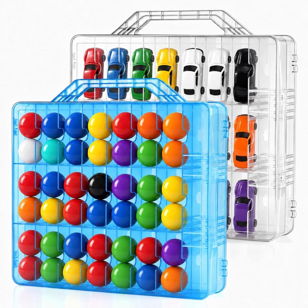 Marsui 2 Pc 48 Compartment Toy Organizer, Double Sided Toy Car Storage Case