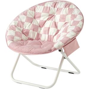 Urban Lifestyle Printed Back Micromink Saucer Chair with White Legs and Side Storage Pocket, Pink and White Check