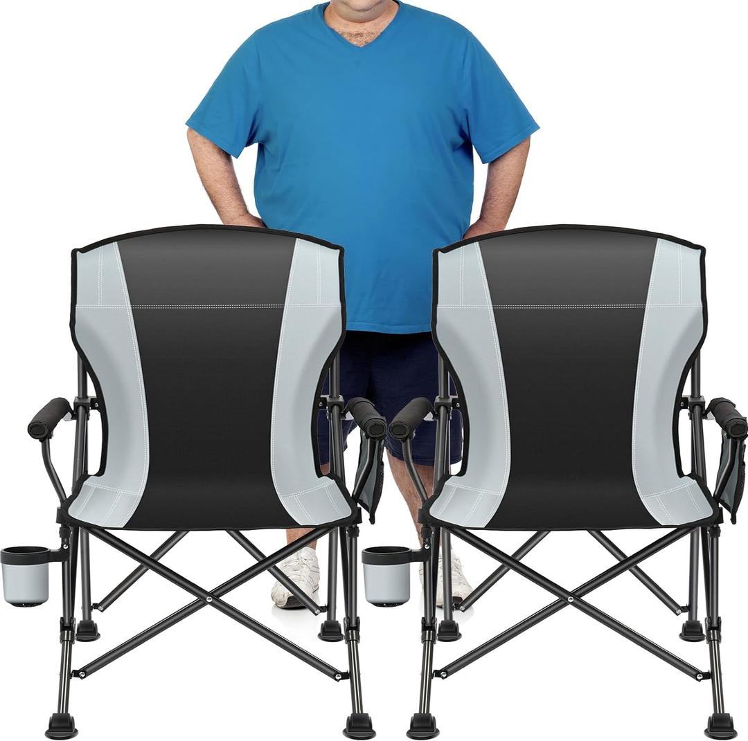 2 Pack Oversized Folding Camping Chair for Adults, Supports 450 LBS Camping Chairs, Heavy Duty Camping Chair with Side Pockets, Foldable Outdoor Chair for Camping, Beach, Fishing, Hiking, Black-Gray, Twin Pack