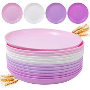 LIYH 12 Pcs Wheat Straw Plates - Dinner Plates Reusable 10in Unbreakable Lightweight and Durable Plastic Camping Plates, Dishwasher Safe (Mix White and Purple Color)