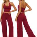 ABOCIW Womens Workout Sets 2 Piece Spaghetti Straps Crop Top Straight Leg Yoga Pants Yoga Pilates Outfits (Red, M)