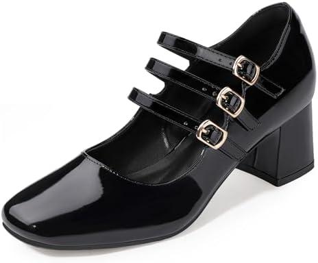 IDIFU IN2 Mary Jane Shoes Women's Pumps Dress Shoes for Women Block Chunky Low Short Square Closed Toe Thick Heels Wedding Work Prom Bride Lady Flight Attendant Comfortable Cute Vintage Pumps Shoes