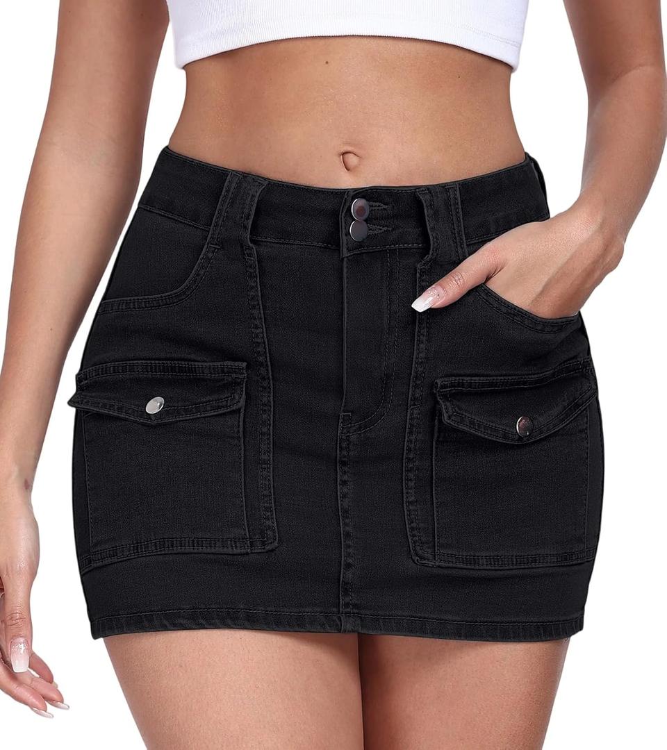 2025 Women's Stretchy Denim Skirt High Waisted Cargo Skirt Y2k Casual Mini Skirt Cute Jean Skirt with Pockets (Black, XS)