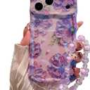 for iPhone 17 Pro Max Wavy Case, Curly Protection FrameVintage Glossy Oil Painting Floral Print with Lovely Bead Chain for Grils and Women (Purple)
