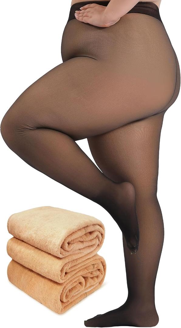 Plus Size Fleece Lined Tights for Women, Fake Translucent Warm Winter Leggings, Control Top Thermal Tights (1X-2X, Black)